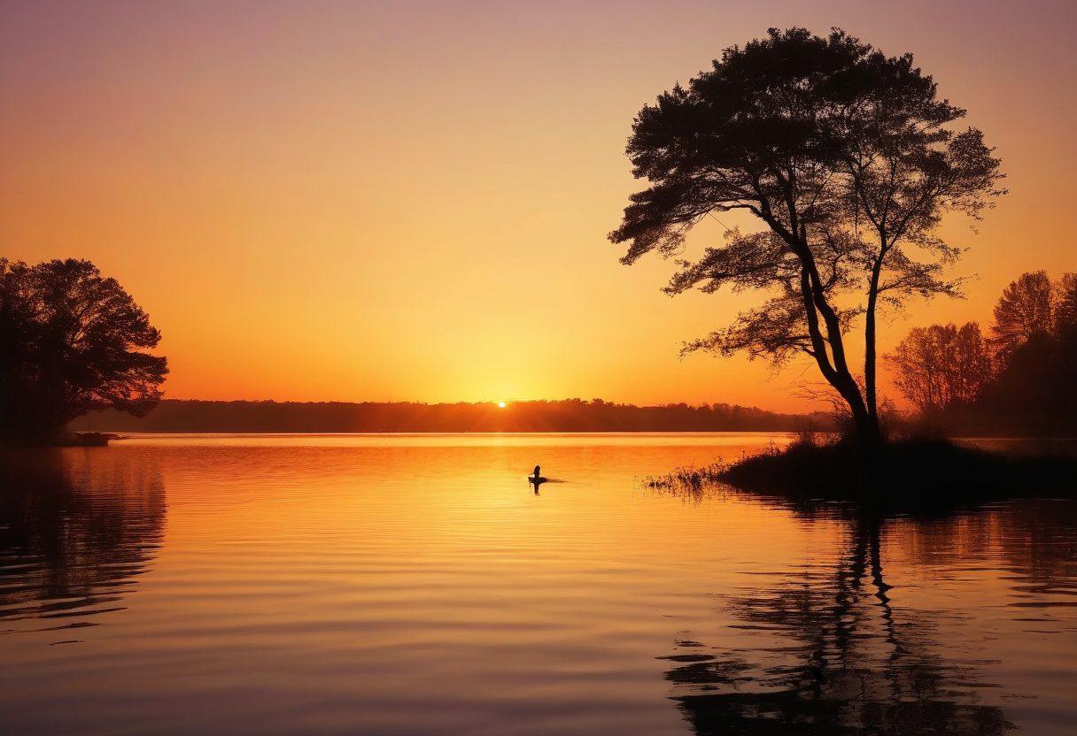 A serene landscape depicting a vibrant sunset over a tranquil lake, reflecting joyful moments like laughter, love, and memories. Include silhouettes of people enjoying various activities such as dancing, storytelling, and family gatherings, symbolizing happiness and legacy. Incorporate elements like blooming flowers and gentle waves to enhance the sense of bliss. surrealistic. warm colors. soft focus.