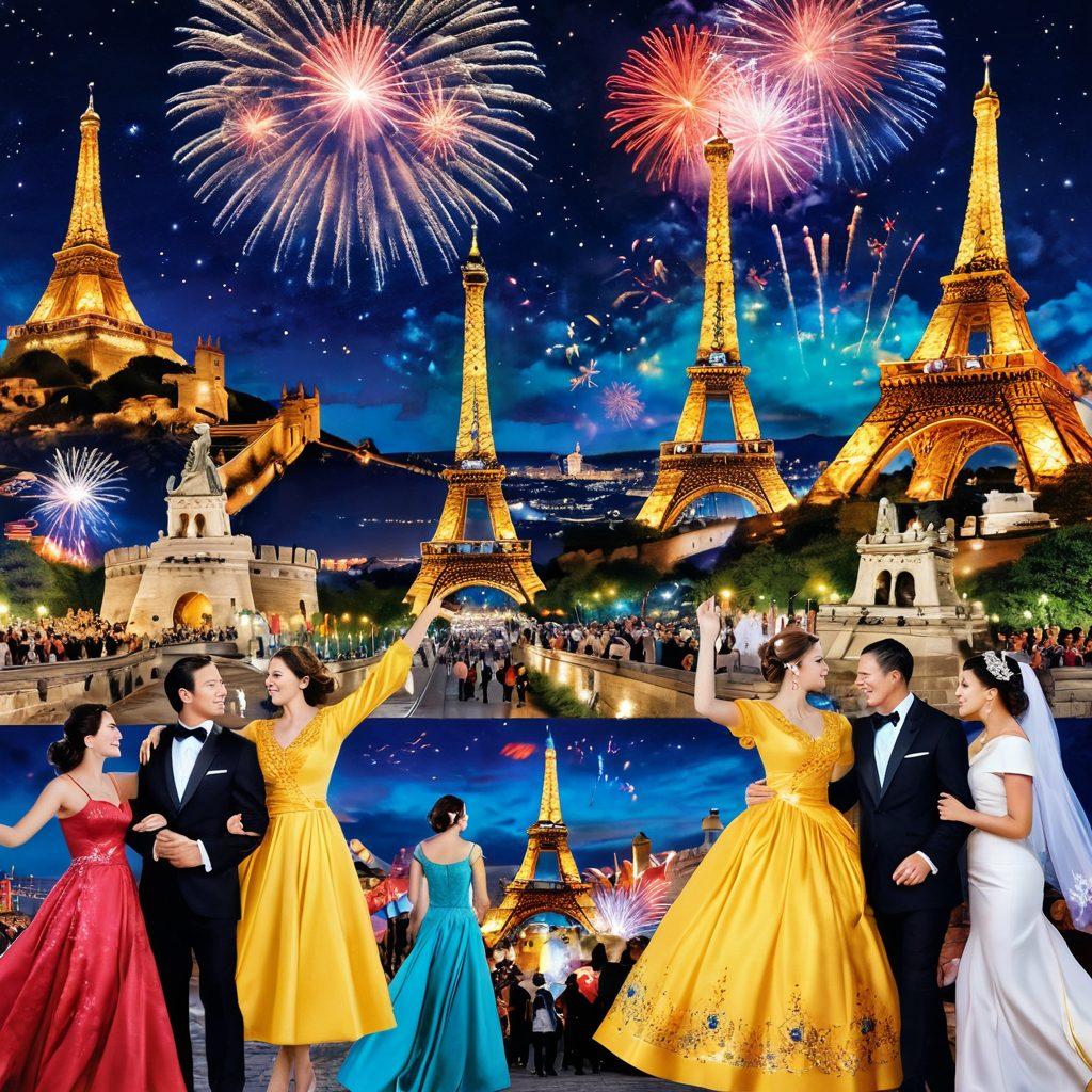 An enchanting collage illustrating joyful moments throughout history, featuring diverse figures celebrating in vibrant traditional clothing, surrounded by iconic historical landmarks like the Eiffel Tower and the Great Wall. Add a burst of colorful fireworks in the night sky, with soft golden light illuminating the scene. super-realistic. vibrant colors.
