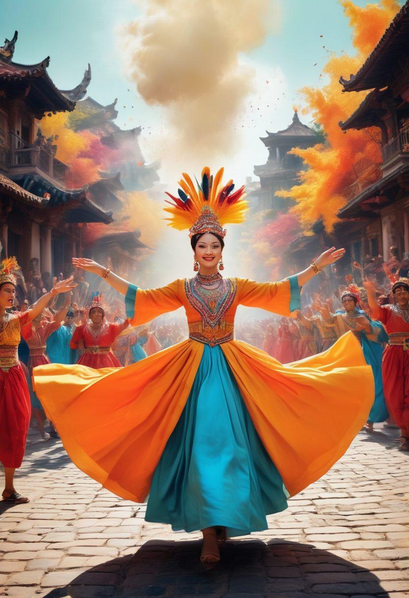 A mesmerizing collage of historical celebrations from different cultures, showcasing vibrant festivals bursting with joy: colorful parades, traditional dancers in festive attire, and jubilant crowds. Incorporate ancient architecture and lush landscapes in the background, symbolizing the passage of time. The scene is infused with a radiant color palette, emphasizing the theme of joy and celebration. super-realistic. vibrant colors. dynamic composition.